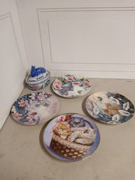 4 Porcelain, Lilly Chang NumberedCollectable, Cat Themed Plates, And A Blue Bunny Topped Candy Dish