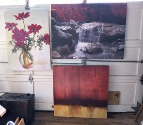 3 Large Pieces Of Wall Art. Vase Of Flowers, Waterfall, Sunset Over Water