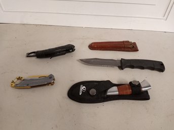 5  Knives, Different Makes And Models, 2 Include Sheaths. See Pics For Details.
