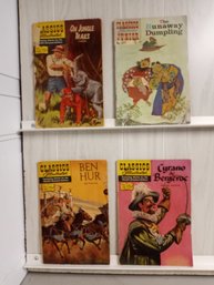 4 Classics Illustrated, 'On Jungle Trails', The Runaway Dumpling, Ben Hur And Cyrano De Bergerac.