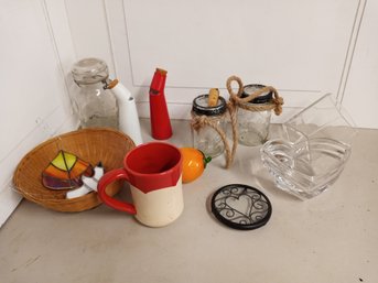 Decor: Jar, Jar With Lights, Basket, Mug, And More. See Pictures For Contents Of Lot