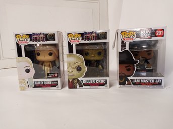 3 Funko POP! Figurines, Never Opened. Harley Quinn (HQ Inmate), Killer Croc And Jam Master Jay.