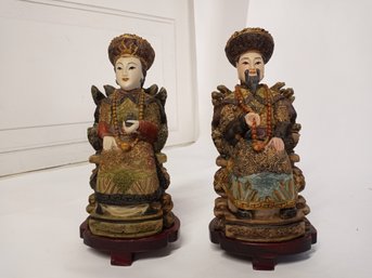 2 Highly Detailed Asian Statuettes, One Of A Man, One Of A Woman.