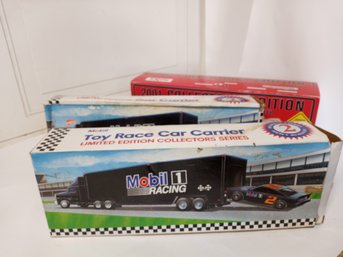 3  Unopened Boxes Of Model Cars: Two 'Mobil' Toy Race Car Carriers & Exxon Die-Cast Collectible Tanker