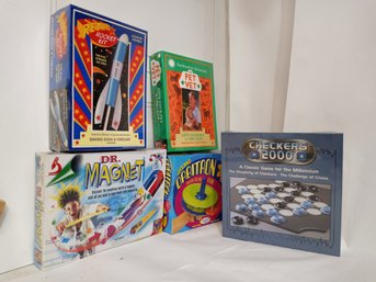 5 Science/strategy Games And Toys: Dr. Magnet, Retro Rocket Kit, Orbitron, Pet Vet & Checkers 2000