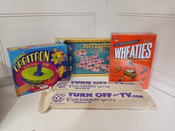 5 Opened Board Games Or Toys Wheaties Game, Differences, Orbitron,  Tote Checkers And Tote Gammon.