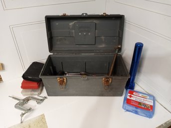 A Gray Toolbox  With Selection Of Tools And Related Gear. See Pictures For Contents Of Lot.