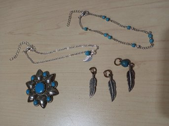 Set Of Silver And Turquios Feathers, Bracelets And An Ornament.