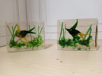 Hand Scupted Fish-themed Book Ends. Heavy Art Glass.
