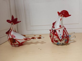 2 Glass Chickens (hen And Rooster.)