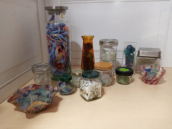 Large Assortment Of Sea Glass And Other Items In An Assortment Of Containers