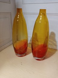 2 Very Tall, Orange And Yellow  Art Glass Bottles
