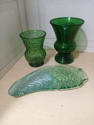3 Green-colored Glass Items: Two Vases, One Decorative Dish