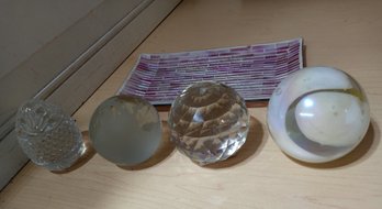 3 Glass Solid Globe Paperweights (one Is An ACTUAL Globe), An Egg, And A Dish For Display.