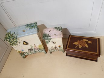 3 Jewelry Boxes, 2 Of Similar Design. Contents In Boxes Are Included In The Lot