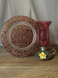 11 Steiff Pewter Candle Stick Etched Cranberry Glass Hurricane Lamp , Mouth Blown Red And Gold Glass Plate