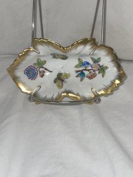 Leaf Dish With Gold Trim Hungary With Colorful Flowers And Butterflys