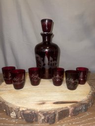 Vintage Depression Glass Red Decanter With 6 Small Glasses