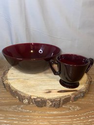 Deep Red Glass Bowl And Mini Cup