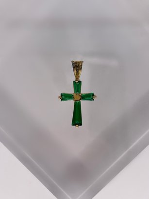 Sterling Silver Cross With Green Stone Charm 2.19g