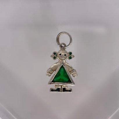 Sterling Silver Smiling Girl In Green Stone Dress Charm 2.25g