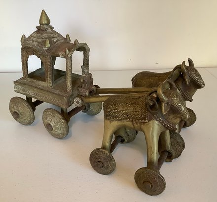 Antique Indian Bronze Bull Or Steer & Carriage Temple Toy