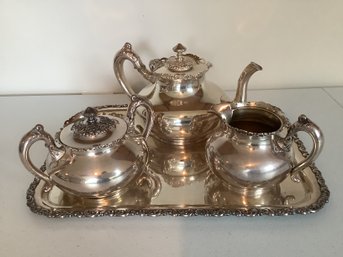 Antique Meriden Britannia Silver Plated Tea Set Service - Tray, Tea Pot, Sugar, Creamer