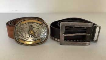 2 Vintage Leather Belts With Big Silver Buckles (Western, Uno De 50)