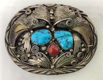 Vintage Navajo Sterling Silver Turquoise & Coral Belt Buckle