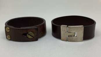 2 Vintage Leather Bangle Bracelets With Metal Accents