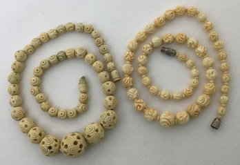 2 Vintage Chinese Carved Bone Necklaces: Roses & Puzzle Beads