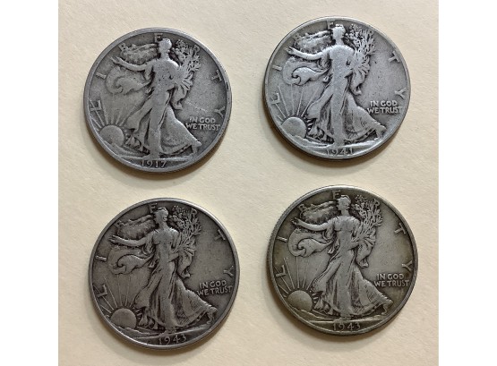 Four Walking Liberty Half Dollars 1917, 1941,  1943, 1943-D Silver U.S. Coins Walker