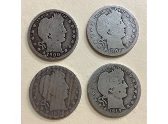 Four Barber Quarters 1900, 1906-D, 1906-O, 1913-D Silver U.S. Coins