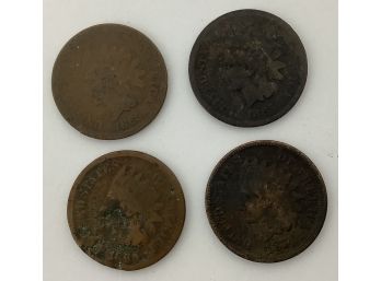 Four Indian Head Pennies 1865 & 1874 Penny 1 Cent U.S. Coins