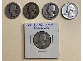 Five Washington Quarters 1939, 1940,  1943 (x2), 1955 Silver U.S. Coins
