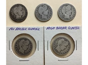Five Barber Quarters 1910, 1911, 1913-D, 1914-D, 1916-D Silver U.S. Coins