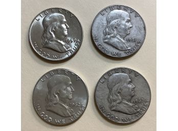 Four Franklin Half Dollars 1959, 1961-D, 1962, 1963-D Silver U.S. Coins