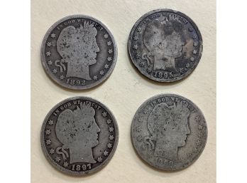 Four Barber Quarters 1892, 1895,  1897, 1898 Silver U.S. Coins