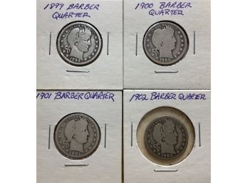 Four Barber Quarters 1899, 1900,  1901, 1902 Silver U.S. Coins
