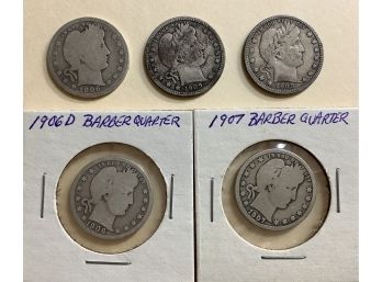 Five Barber Quarters 1906-D, 1906-O,  1907, 1909, 1909-D Silver U.S. Coins