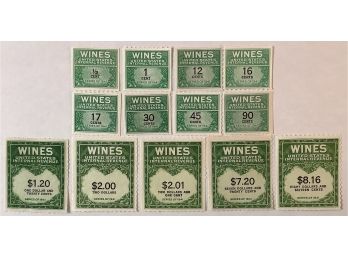 U.S. Wine Revenue Stamps LOT Of 13 : 1/2 Cent To $8.16