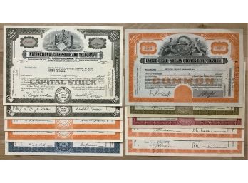 Lot Of 10 Stock Certificates: Tobacco, Tea, Telephone Shares