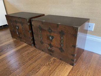 Matching Pair Of Asian Wooden Trunks Tables Boxes 21' Wide