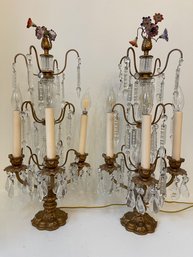 Exquisite Pair Of Tall Crystal Candelabras With Porcelain Flowers