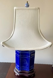 Chinoiserie Style Cobalt Blue Table Lamp With Pagoda Lampshade
