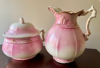 Pair Of Vintage Ceramic Pink And White Compotes Water Pitcher