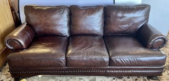 Magnificent Recent Bernhardt Brown Leather Nailhead Three Seater Sofa 96'