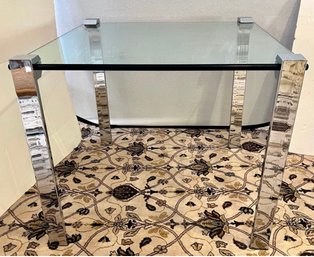 Mid Century Modern Milo Baughman Style Chrome And Thick Glass Dining Or Game Table 38' By 38'