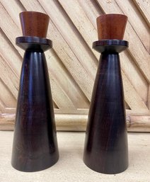 Pair Of  Mid Century Danish Modern Wooden Rosewood Candlesticks 8' Tall