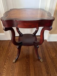Rare Turn Of Century  Antique Mahogany & Leather Top Side Table With Coveted Brass Hoof Feet